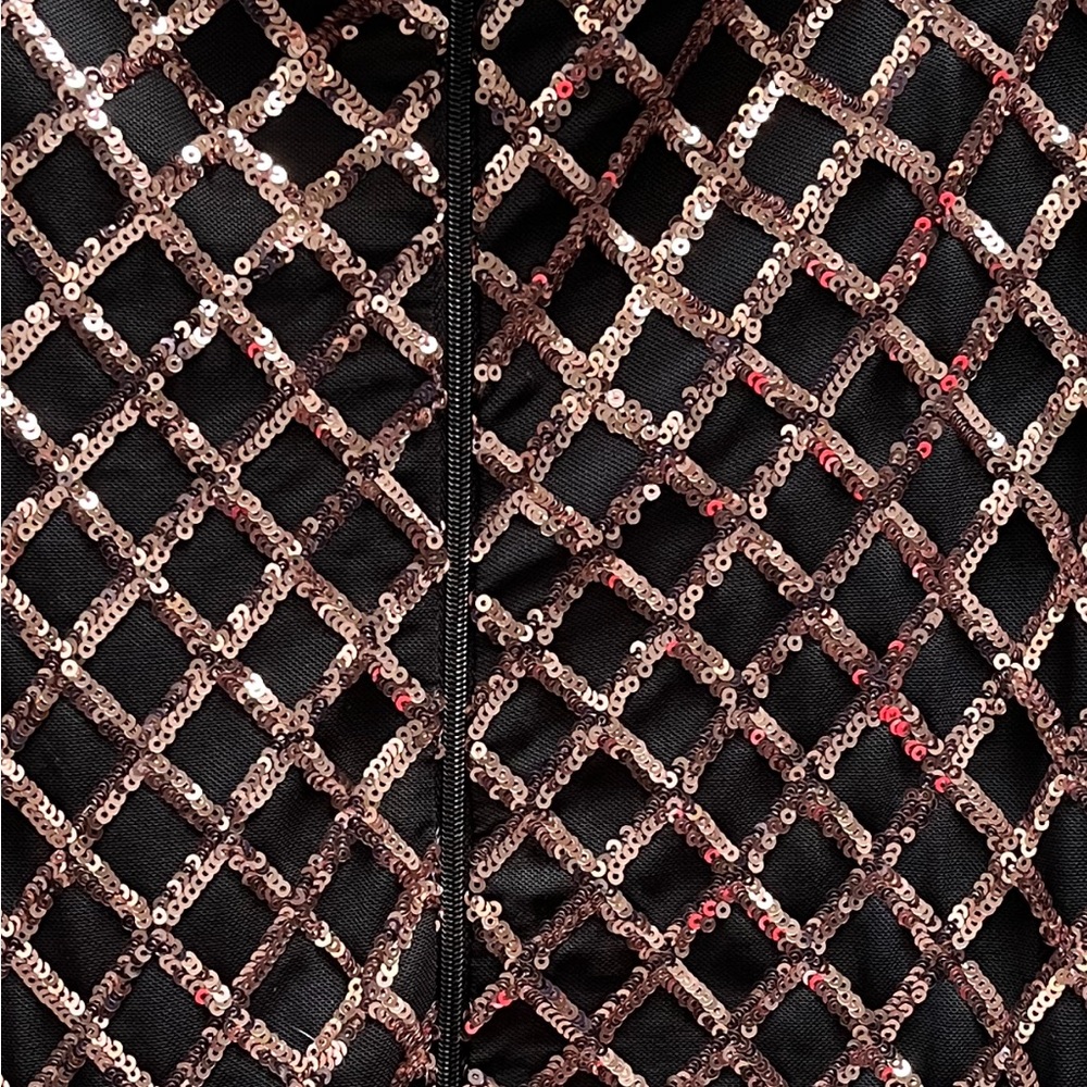 Premier Amour Black with red gold sequin 3/4 dress for misses. Size 8.